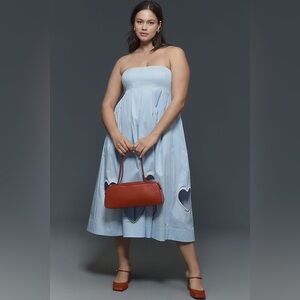 Anthropologie Strapless Blue Midi Dress with Hearts.